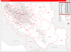Santa Clara County, CA Wall Map Zip Code Red Line Style 2026